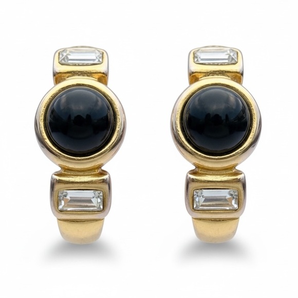 Jewelry - Vintage Black Cabochon Rhinestone Clip Earrings Gold Hoop Earrings Minimalist
